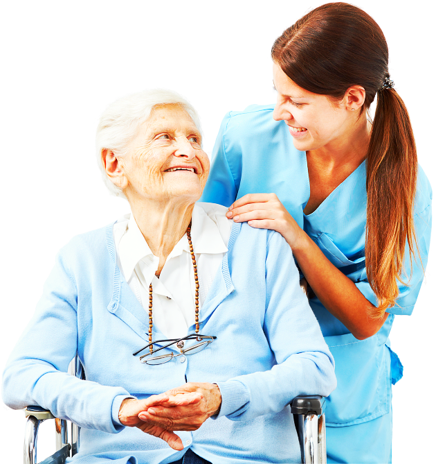 caregiver and senior woman sitting in the wheelchair smiling